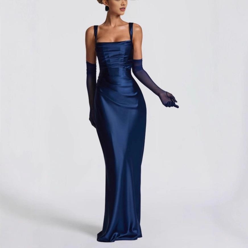 European and American New Style Pure Color Elegant Strap Waist Dress Sexy Square Neck Banquet Hip-Covering Evening Dress Fishtail Skirt