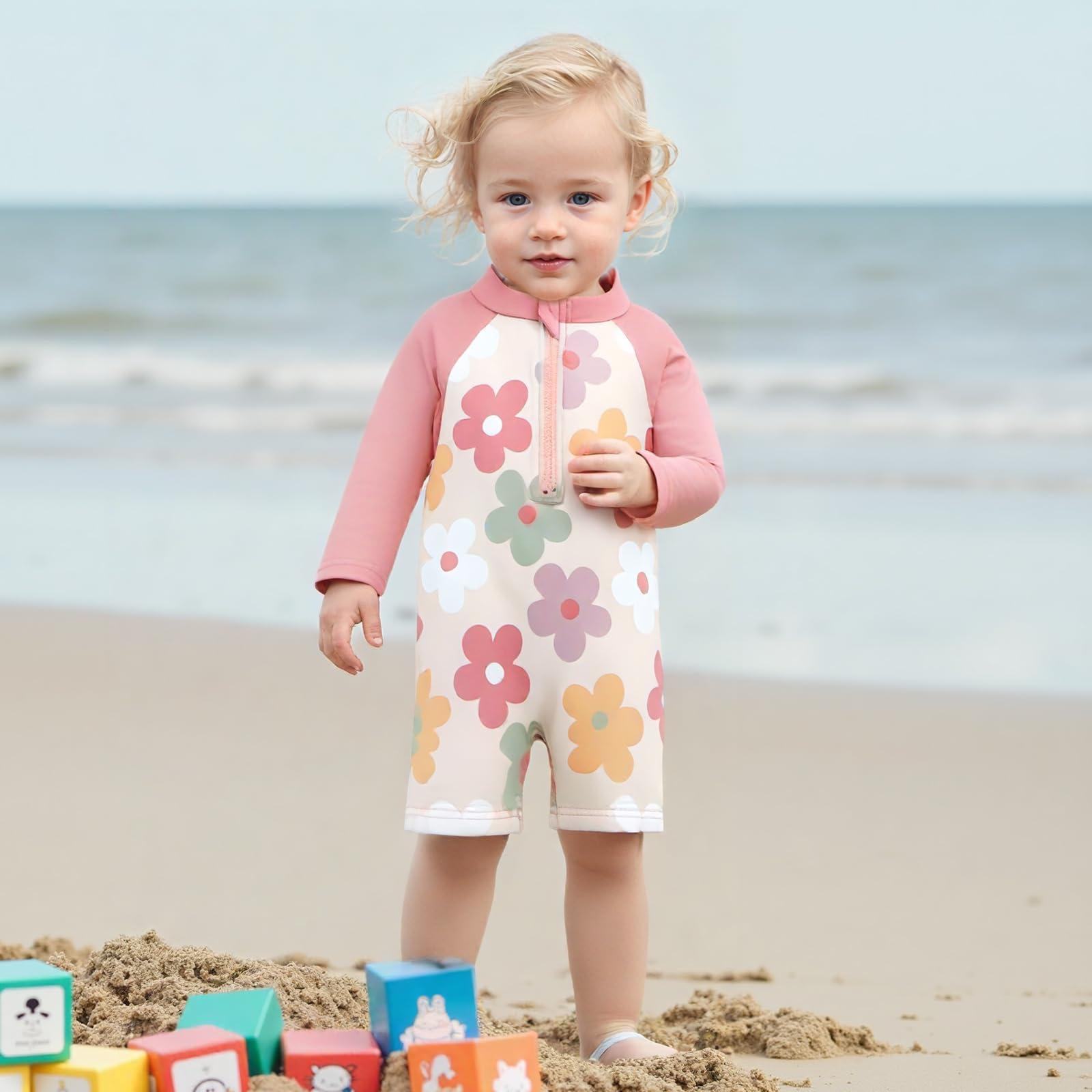 Children's one-piece swimsuit for girls, long-sleeved, sun-protective, floral print, cute and adorable baby beach swimwear