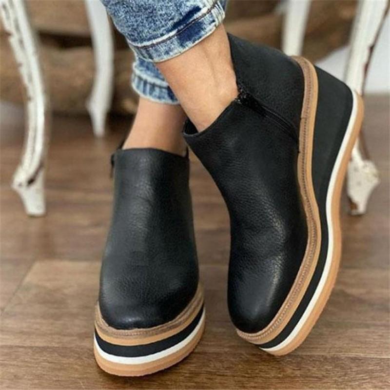 2025 New Autumn and Winter European and American Large Size Wedge Women's Short Boots Side Zipper Shallow Mouth Nude Boots Wish Amazon Women's Shoes