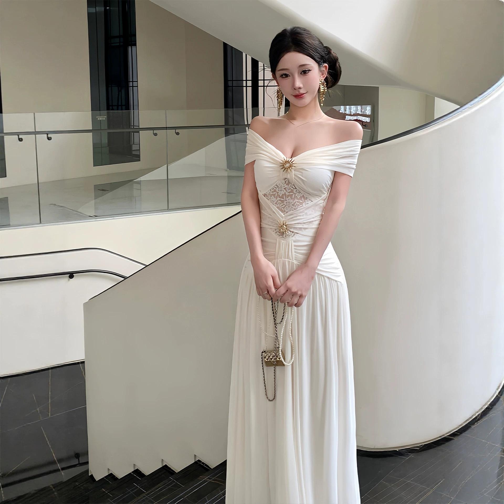 Hepburn-Style One-Shoulder High-End White Dress 2026 Summer Mature Style Slim-Fit Bodycon Long Dress Gown