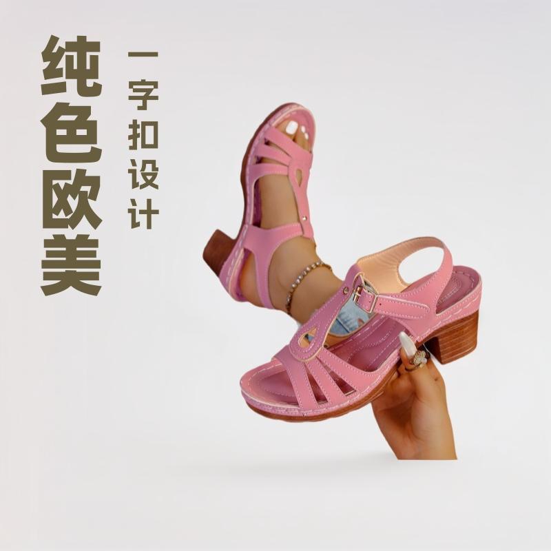 Cross-Border Plus-Size Women's Sandals 2025 Summer New Solid Color European and American Style Peep-Toe Chunky Heel Ankle Strap High Heels in Stock