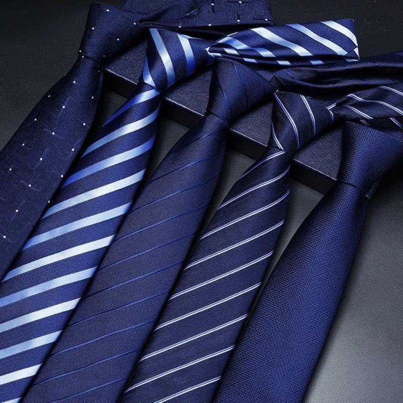 Men's Business Formal Wear 8cm Zipper Tie for Work, Groom's Wedding Blue Striped Thin Black Lazy Tie, No Need to Tie