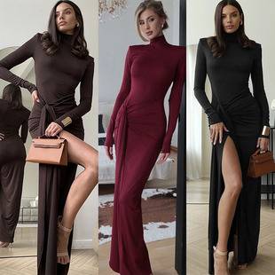 Cross-Border European and American Export Women's Clothing 2025 Amazon Autumn and Winter Fashion High-Neck Long-Sleeved Strap Waist Slim Dress