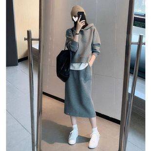 plus size women's early autumn casual fashion two-piece hooded sweater skirt suit fat mm200 kg 300