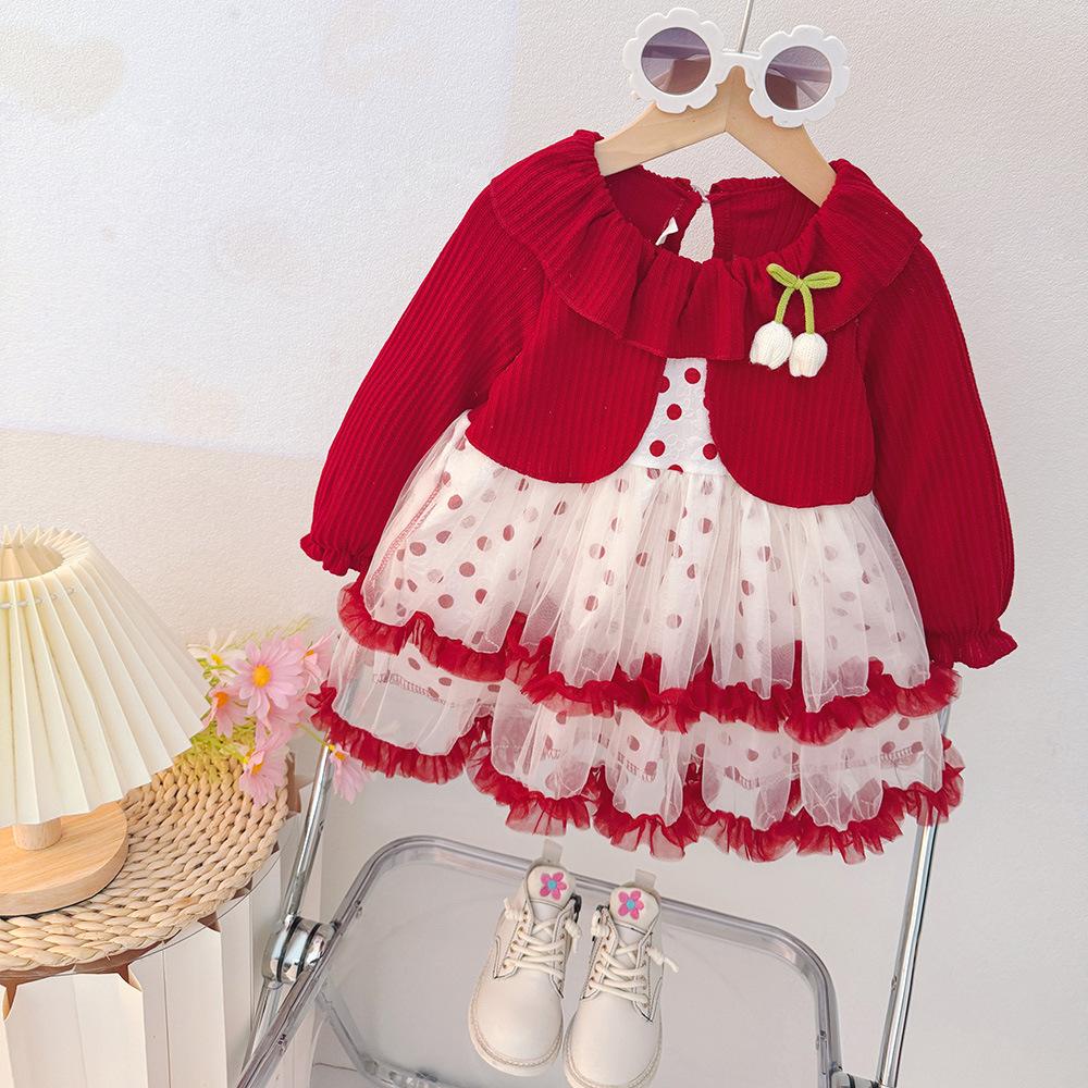 2025 Girls Long Sleeve Dress Autumn Baby Mesh Skirt Red Korean Princess Dress Huzhou Children's Clothing Wholesale Trend