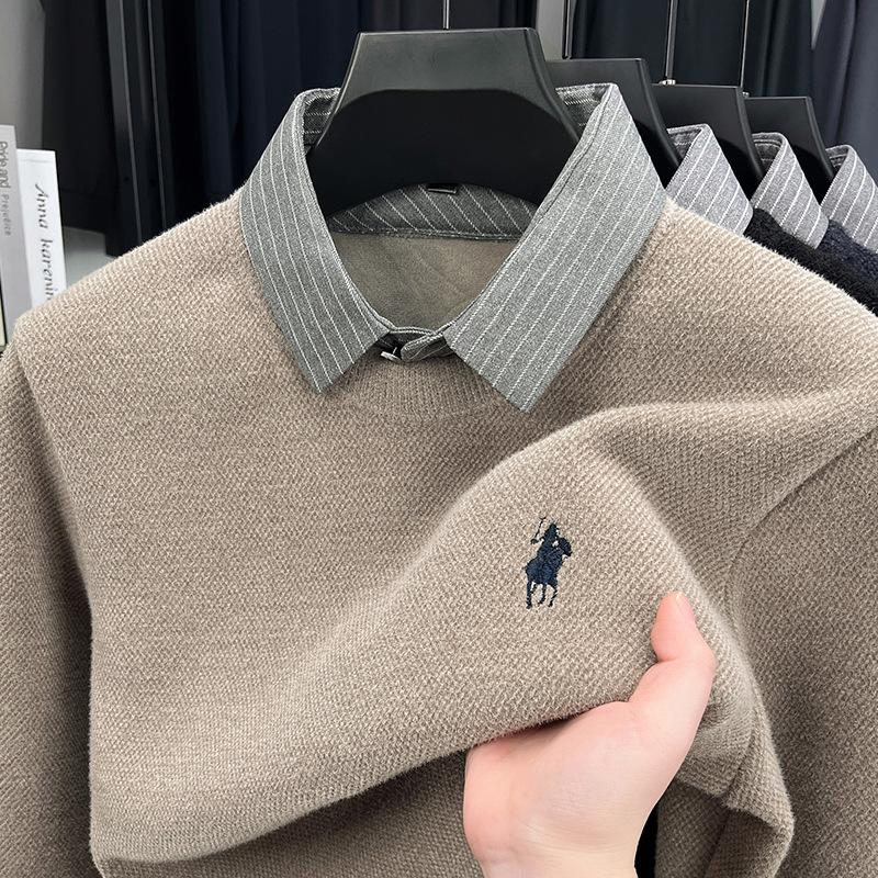 Knitted Bottoming Shirt Autumn and Winter Men's Sweater Shirt Collar Fake Two-Piece Top Men's Winter Fashion Warm Long Sleeves