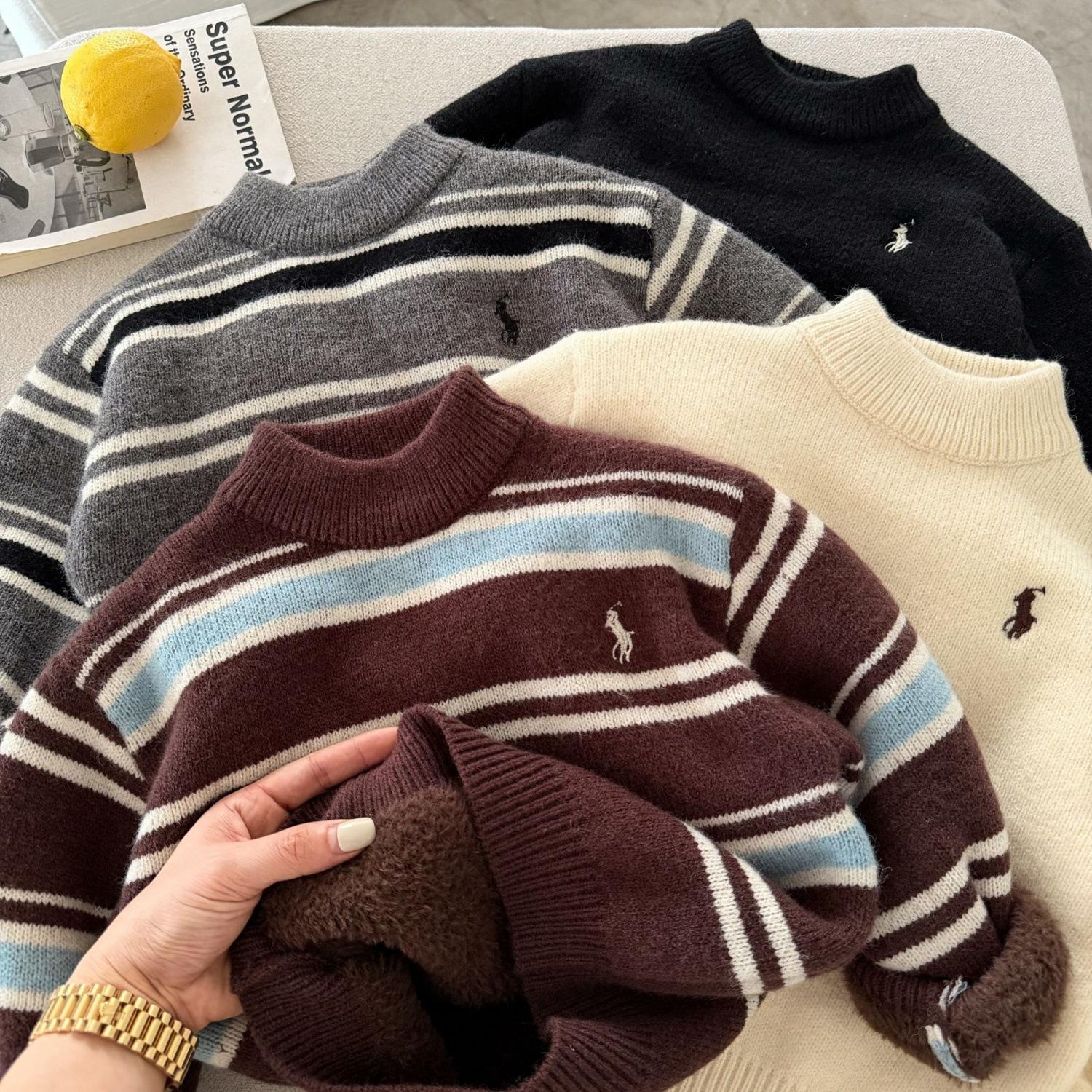 Children's Fleece Knitwear Autumn and Winter New Style Boys' Trendy Brand Stripesd Embroidered Knitwear Baby Kidsren's Pullover Cross-Border