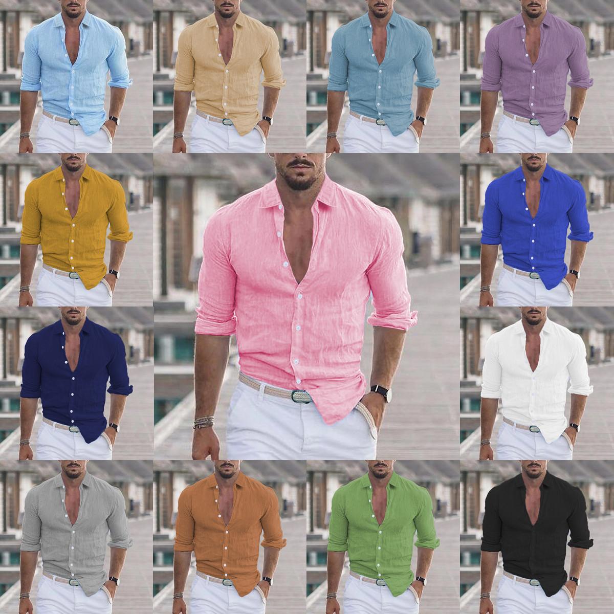 Cross-Border 2026 New Men's Summer Cotton and Linen Collared Beach Shirt Long-Sleeve Solid Color Hawaiian Holiday Clothing