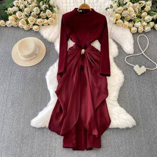 European and American Cross-Border Light Luxury Socialite-Style Dress for Women, Autumn and Winter Design, Irregular Splicing, Elegant Long Dress