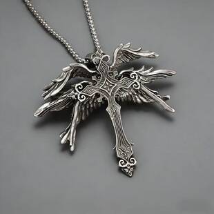 Vintage Dark Angel Wings Cross Necklace Unisex Trendy Personality Wing Pendant Sweater Chain