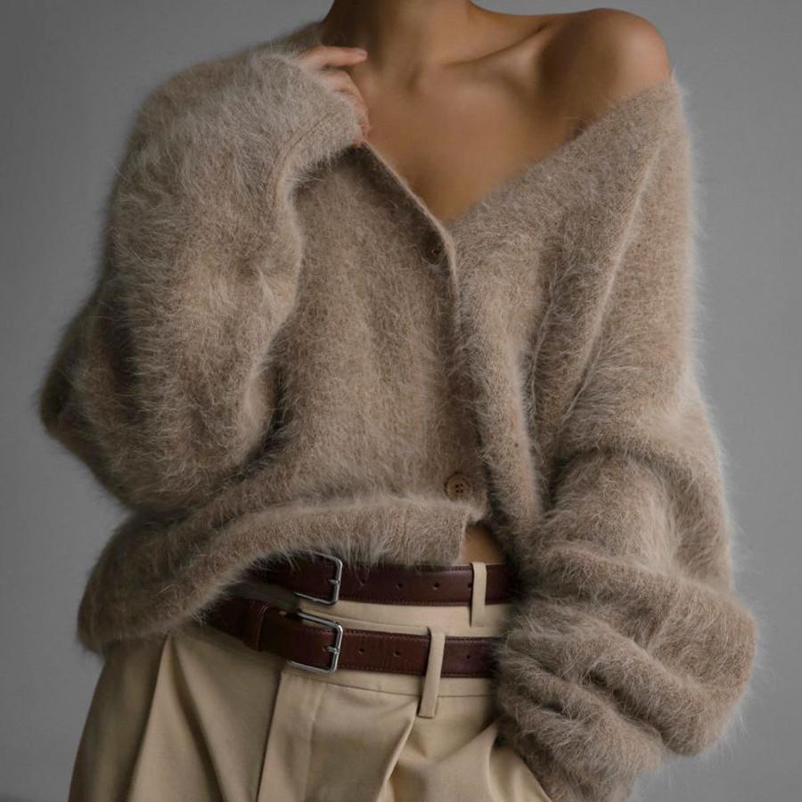 European and American Cross-Border Mink Velvet V-Neck Knitted Sweater for Women 2026 Autumn and Winter New Loose Solid Color Export Cardigan Women's Coat