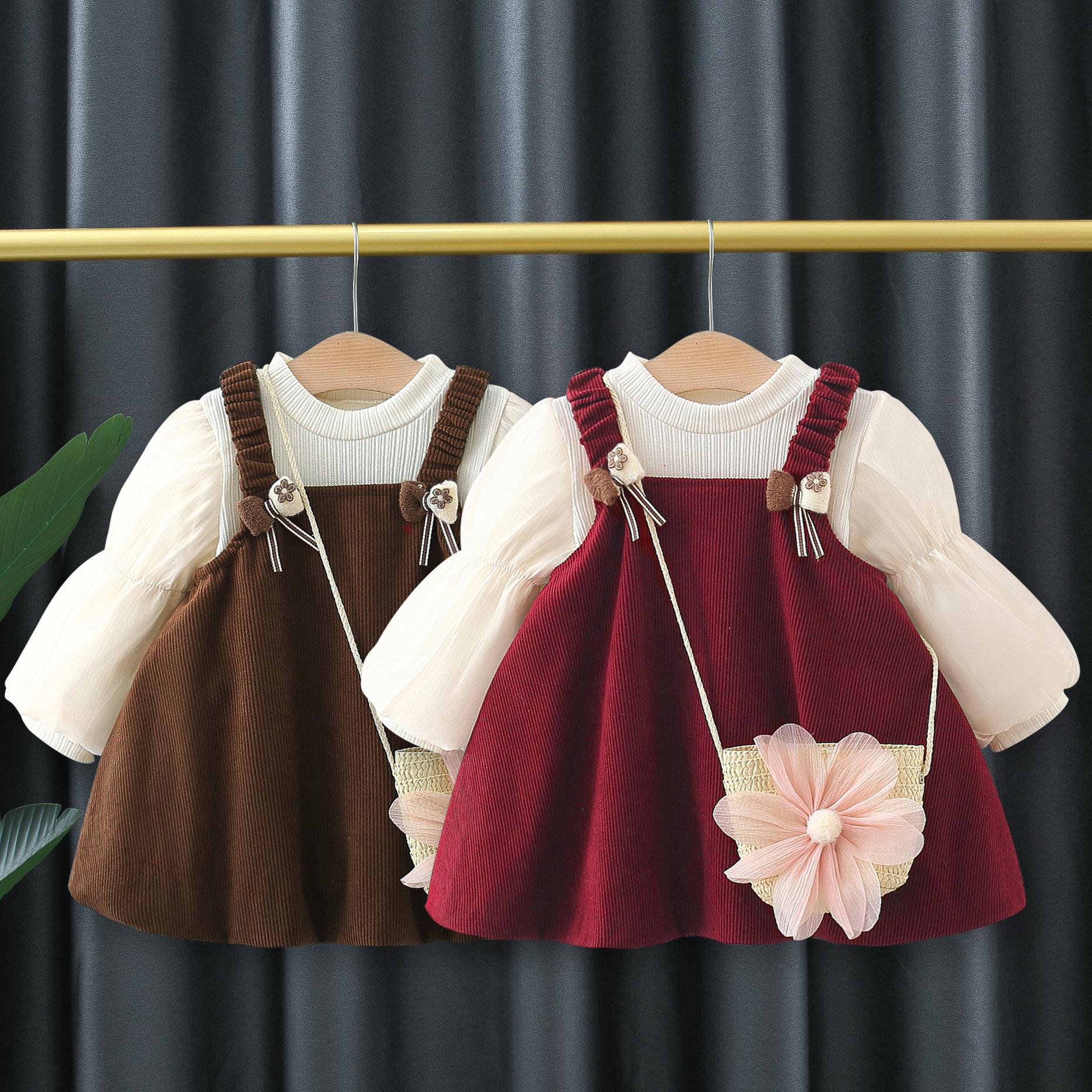 Children's Clothing Spring & Fall New Style Girls' Dress Sweet and Stylish Suspender Skirt Two-Piece Set Baby Princess Dress with Bag 4894