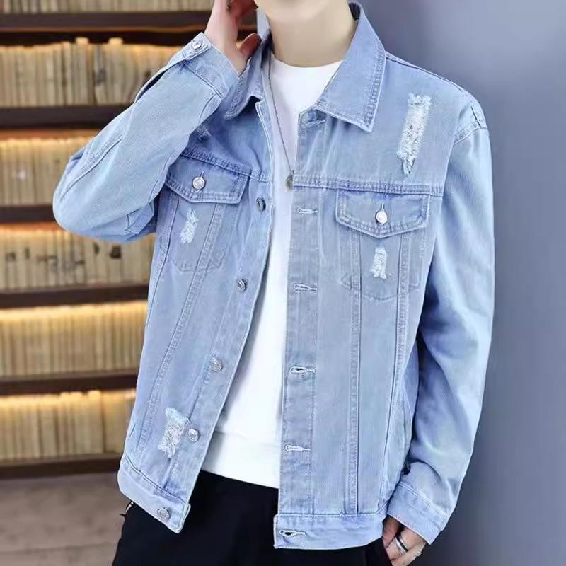 Source Manufacturer Spring and Autumn Denim Jacket Men's Casual Denim Clothing Ripped Korean Style Trendy Loose Jacket Men's Cross-Border