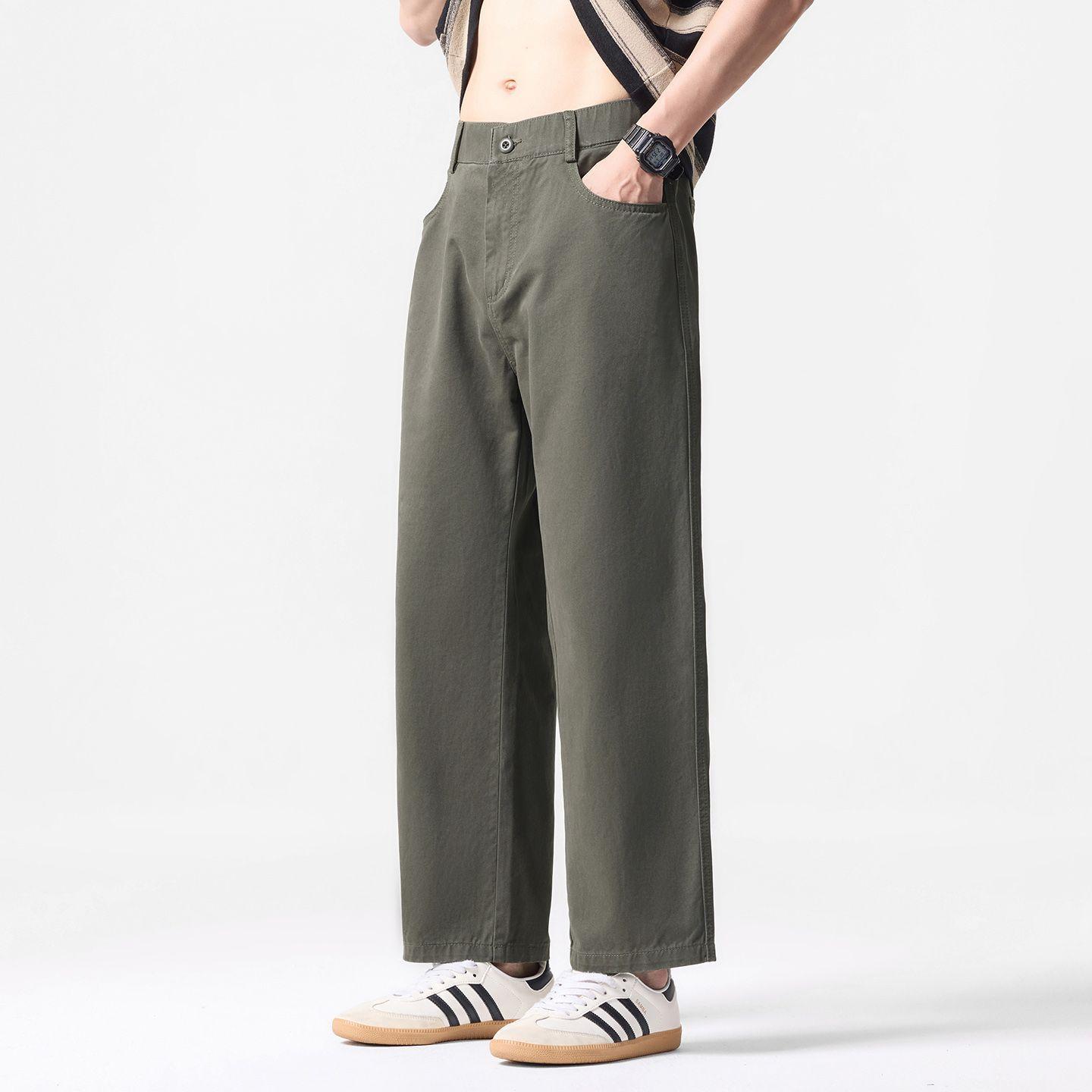 Solid color simple trendy brand daily commute pure cotton cropped pants men's trendy fashion loose wide-leg straight casual pants