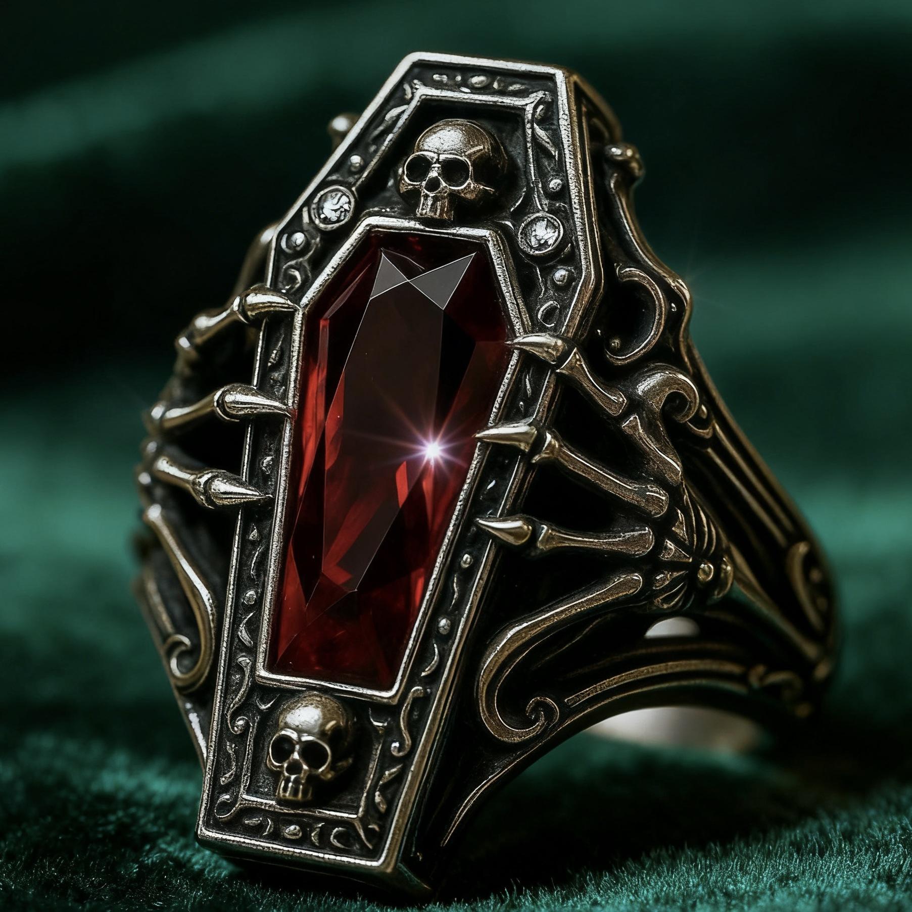 Sanjie 2026 New Eco-Friendly Alloy Ring Retro Skull Punk Jewelry Halloween Red Diamond Antique Gold