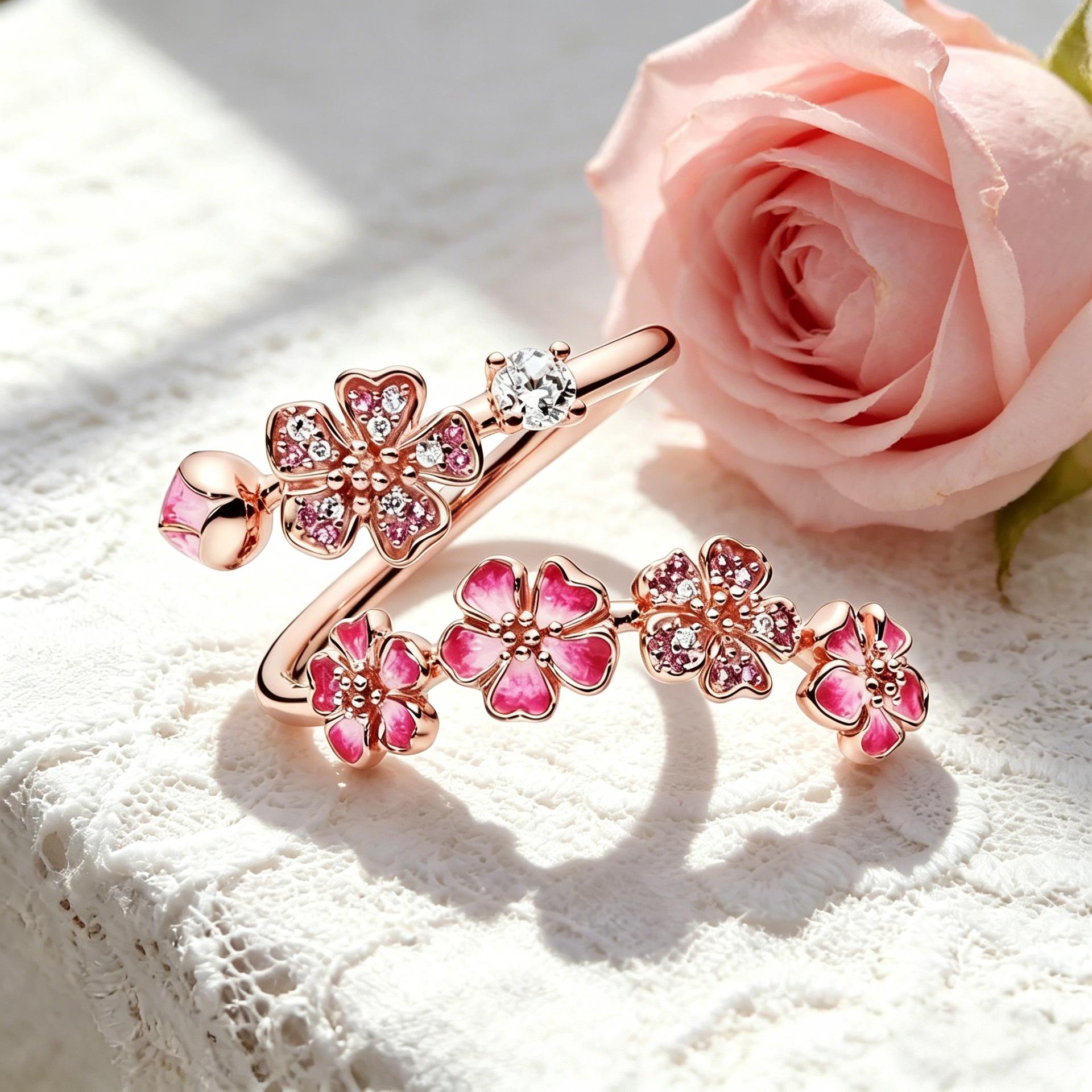 Exquisite and elegant rose gold peach blossom inlaid bead ring for women, niche design, light luxury, high-end feel, direct from the manufacturer