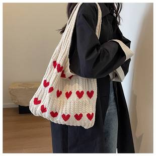 2023 new ins bag cross-border knitted bag love pattern bag woven bag large capacity tote bag