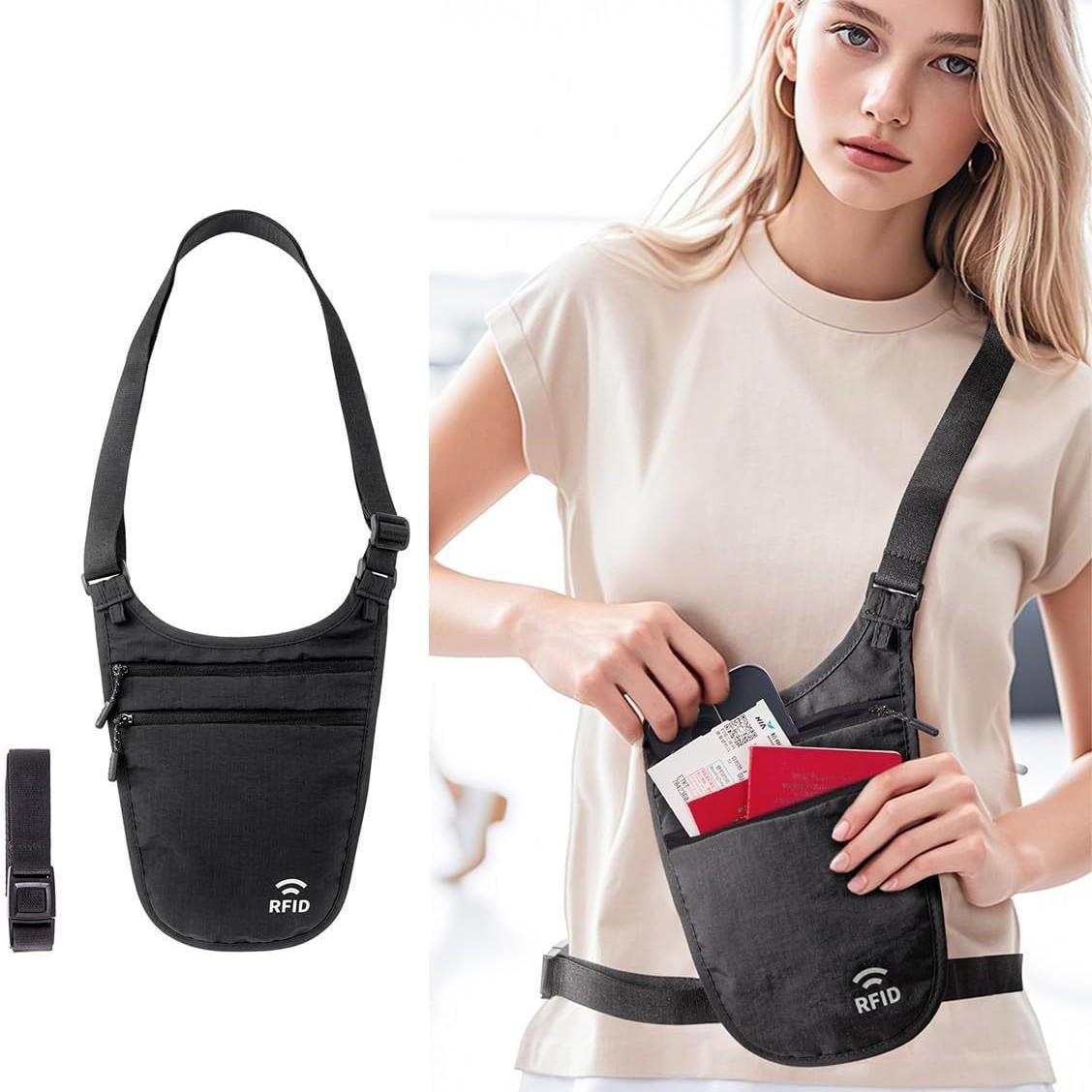 Travel Personal Waist Bag for Men and Women, Anti-Theft Underarm Pouch for Passports, Documents, Money, Invisible Running Sports Ultra-Thin Shoulder Crossbody Bag
