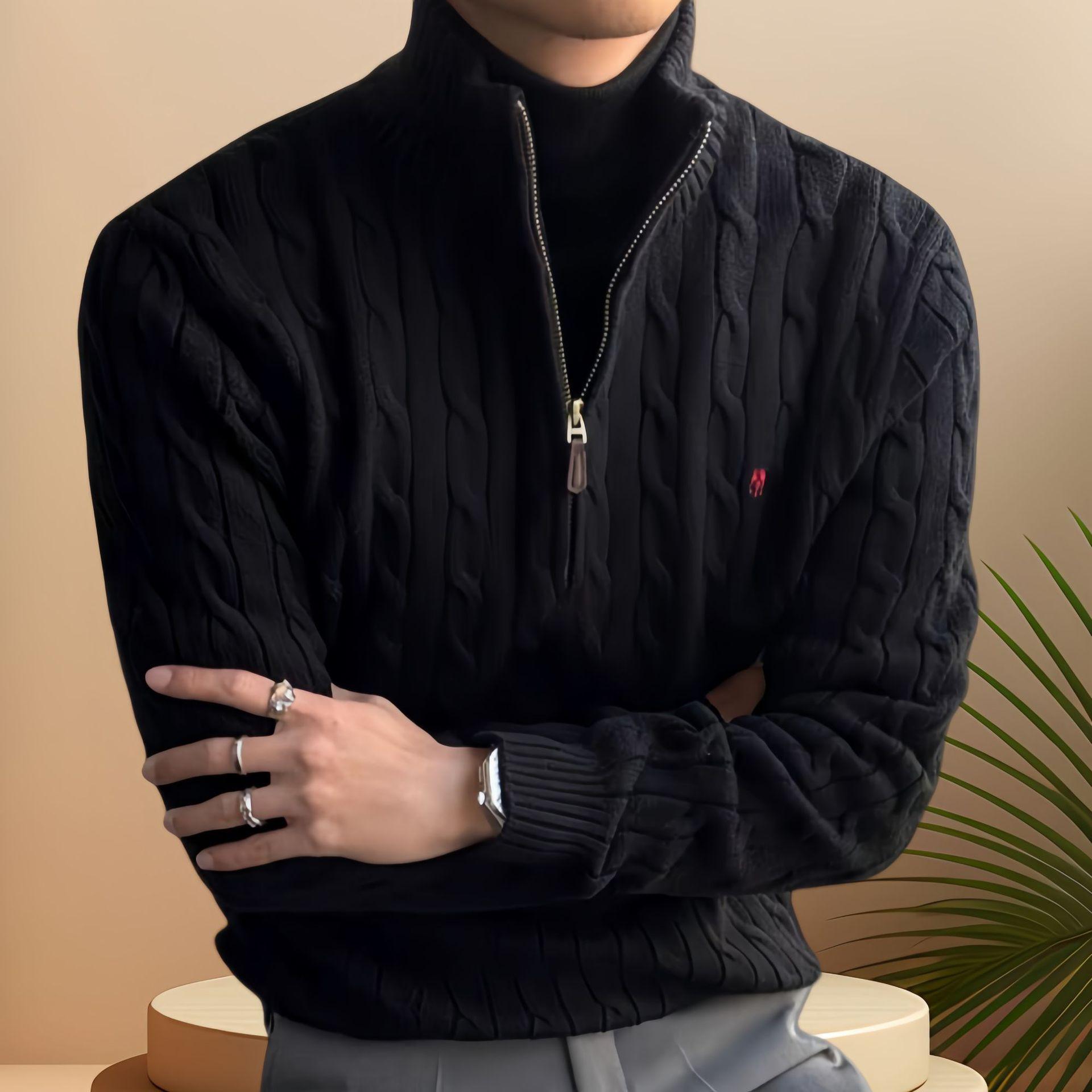 Cross-Border Qr Code Scannable Rl Ralph Lauren Logo Men's Autumn and Winter Cable Knit Half-Zip Couple's Sweater Women's Embroidered Knitwear