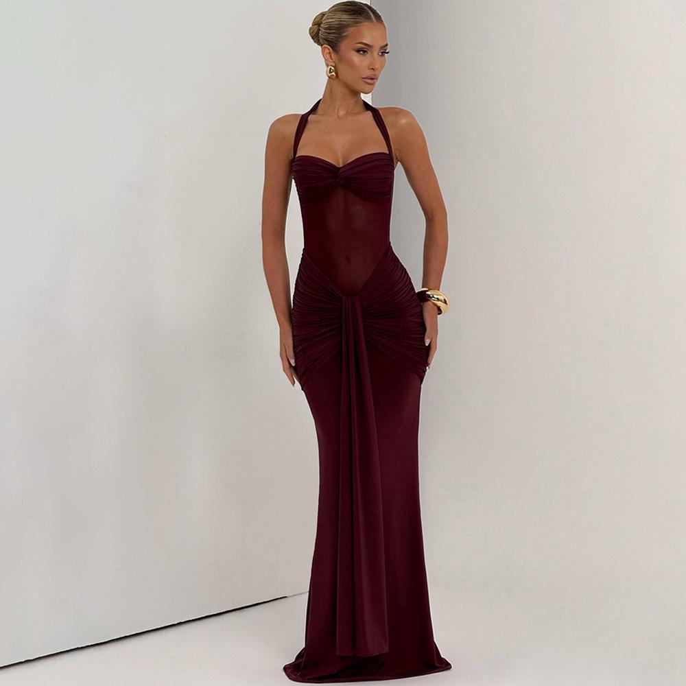 European and American 2026 New Style Women's Elegant Ruched Ribbon Evening Dress, Fashionable Halter Neck Sexy Bodycon Dress for Export