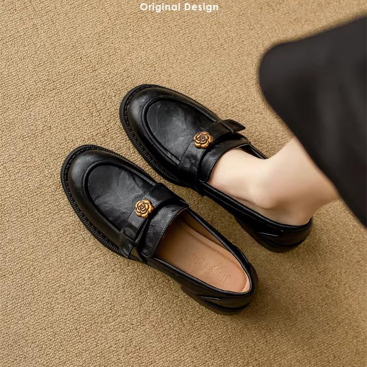 Cowhide Soft-Soled Slip-On Loafers for Women, Genuine Leather, 2025 Autumn and Winter New Style, Chunky Heel Single Shoes, Camellia Leather Shoes