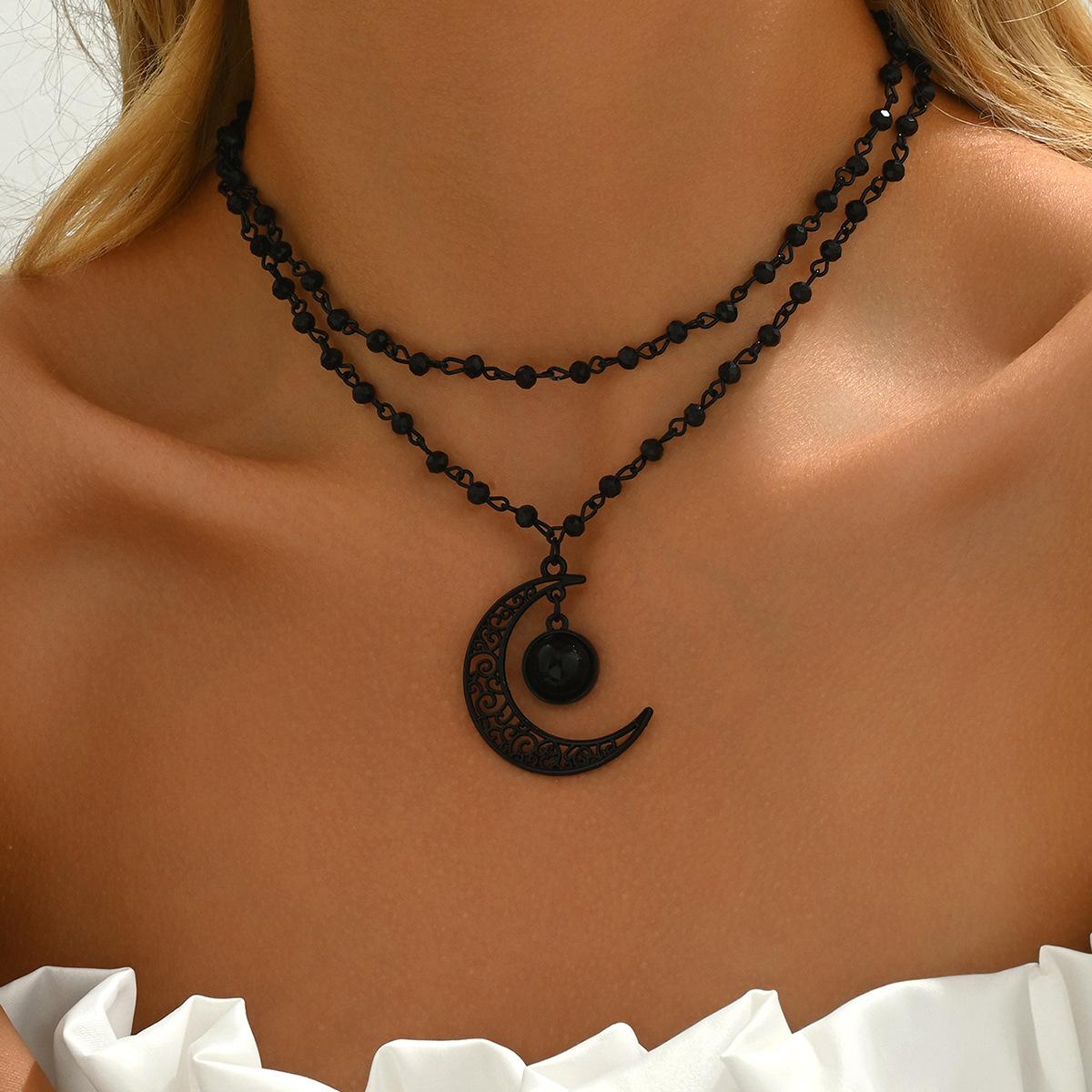 European and American Cross-border Jewelry Gothic Dark Crystal Beads Chain Jewelry Hollow Moon Alloy Pendant Necklace