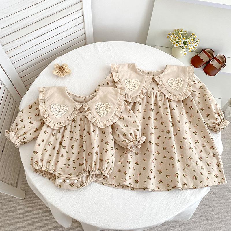 Autumn New Style Girls' Dress Korean Style Floral Long-Sleeve Princess Dress Baby Romper Bodysuit Dress Sisters' Matching Outfits