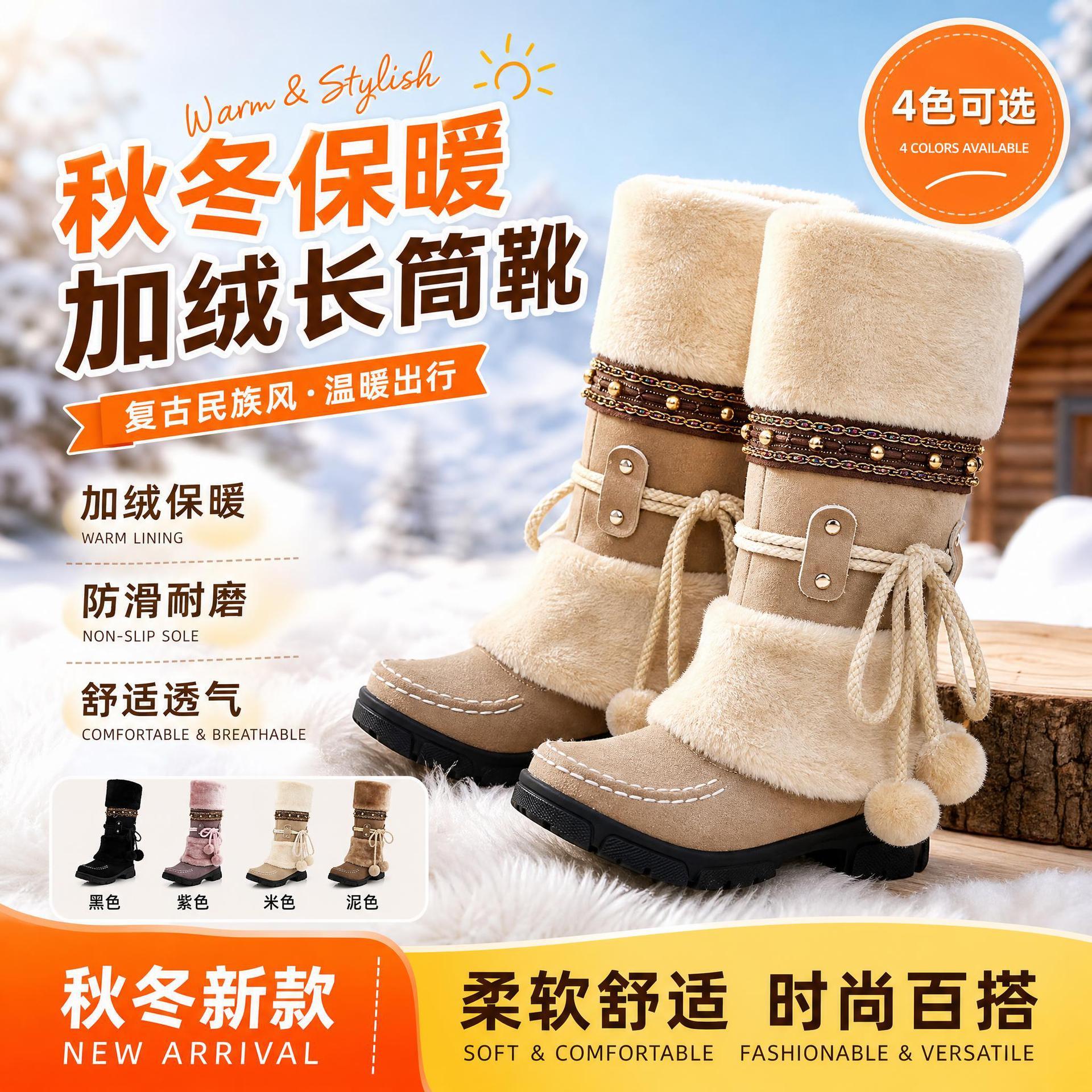 Frosted Velvet Women's Boots, Autumn and Winter Deep Boots, Warm Retro Ethnic Style Fleece-Lined Boots, Snow Boots, Women's Commuting Cotton Boots