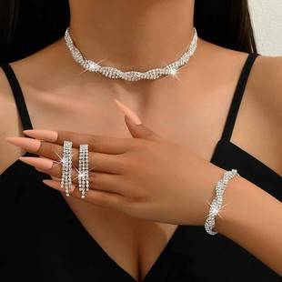 Jewelry Supply European and American Fashion Wedding Dress Women Jewelry Bride Water Diamond Necklace Earrings Two-piece Set