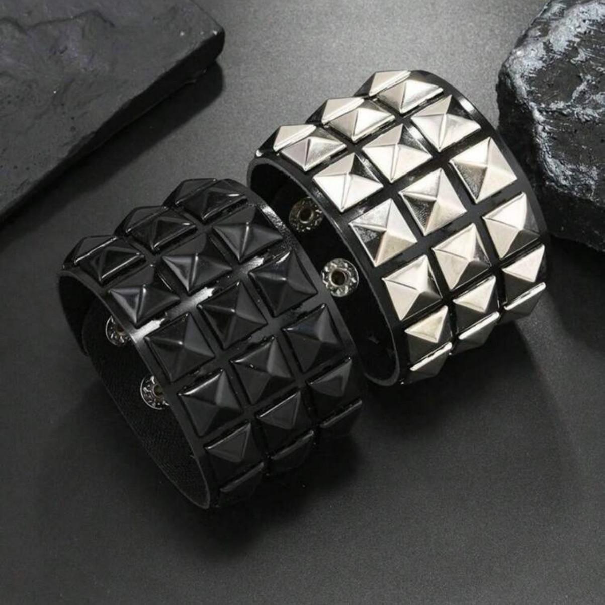 Cross-Border Punk Bracelet Black Silver Square Nail Pu Leather Rounded Corner Men's Hand Change Personalized Rivet Fashion Leather Accessories