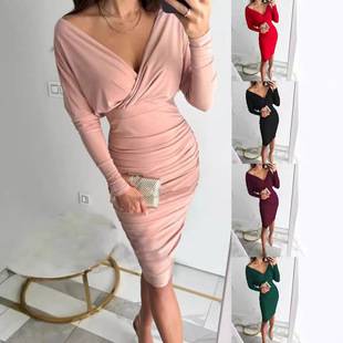 2024 independent station wish Amazon new autumn and winter long sleeve V-neck sexy waist hip dress women's clothing