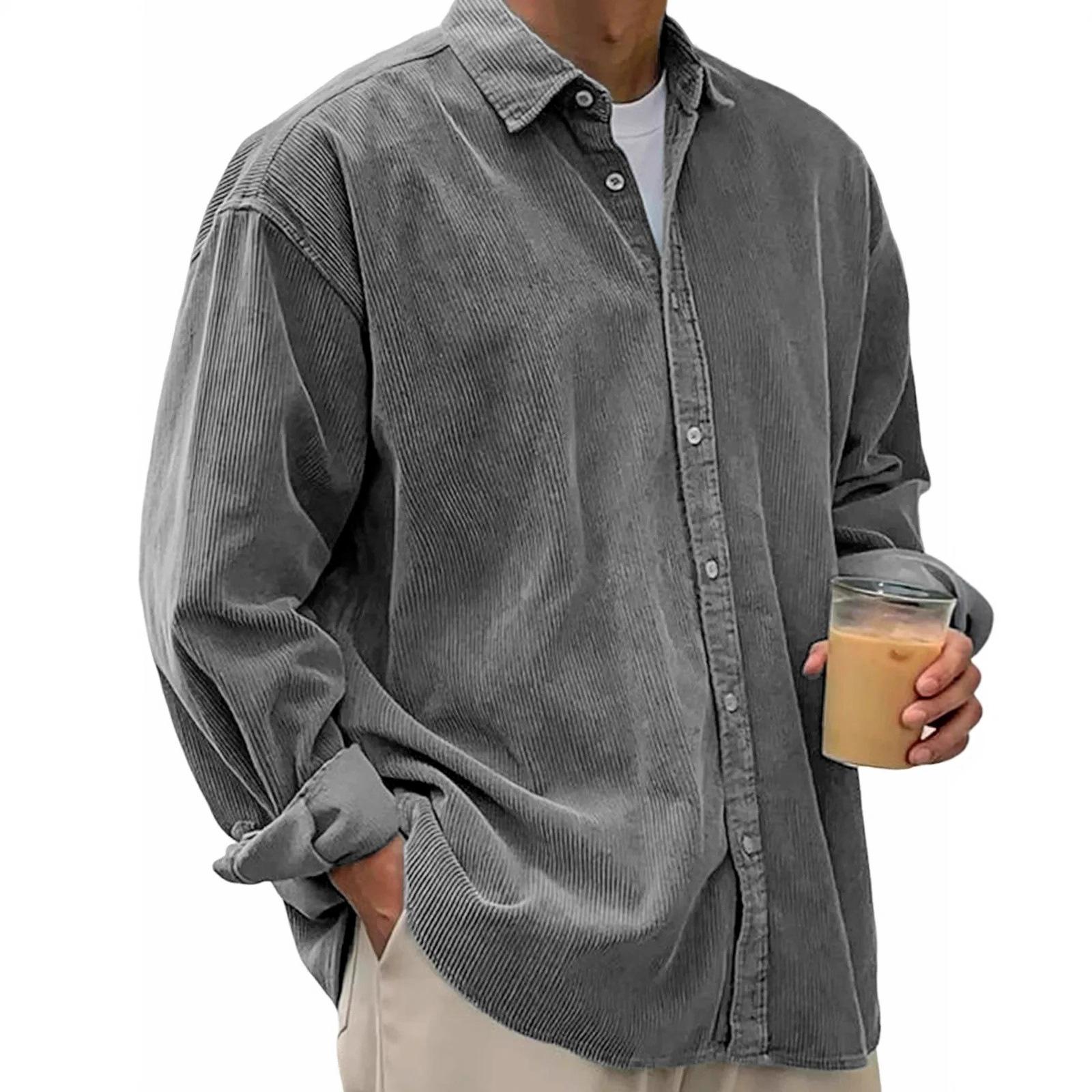 2025 European and American Men's Casual Loose Solid Color Corduroy Lapel Shirt Cross-Border Independent Site Wish Amazon