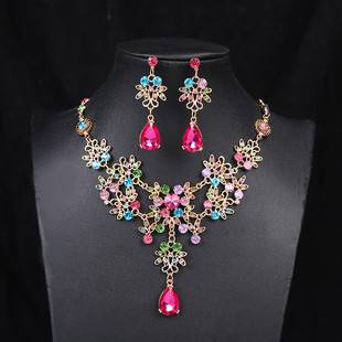European and American Cross-border Exaggerated Jewelry Color Necklace Earrings suit Gems Female Bride Accessories Wedding Dress Korean Rhinestones