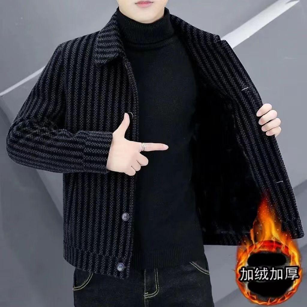 Autumn and Winter new men's coat high-end versatile fleece-lined thick striped woolen coat lapel casual jacket warm