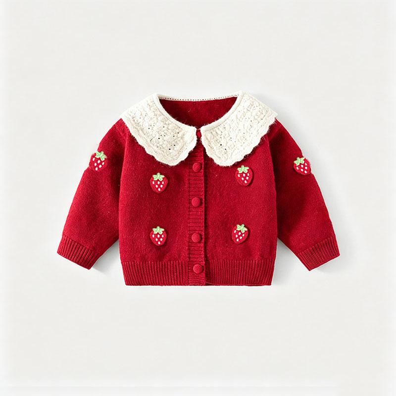 Girls' Sweater Spring New Style Baby Girl Knitted Cardigan Coat Children's Spring and Autumn Red One-Year-Old Children's Clothing