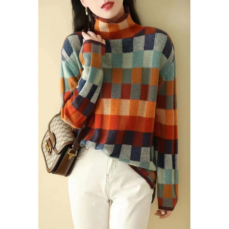 Gorgeous Color Checkerboard Knitted Sweater for Autumn and Winter 2024 New High Neck Lazy Slim Wearing Plaid Sweater for Women