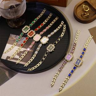 Cross-Border Light Luxury Small Square Watch, High Aesthetic Value, Casual Women's Watch, Colorful Full Diamond Women's Watch, Square Chain Wristwatch