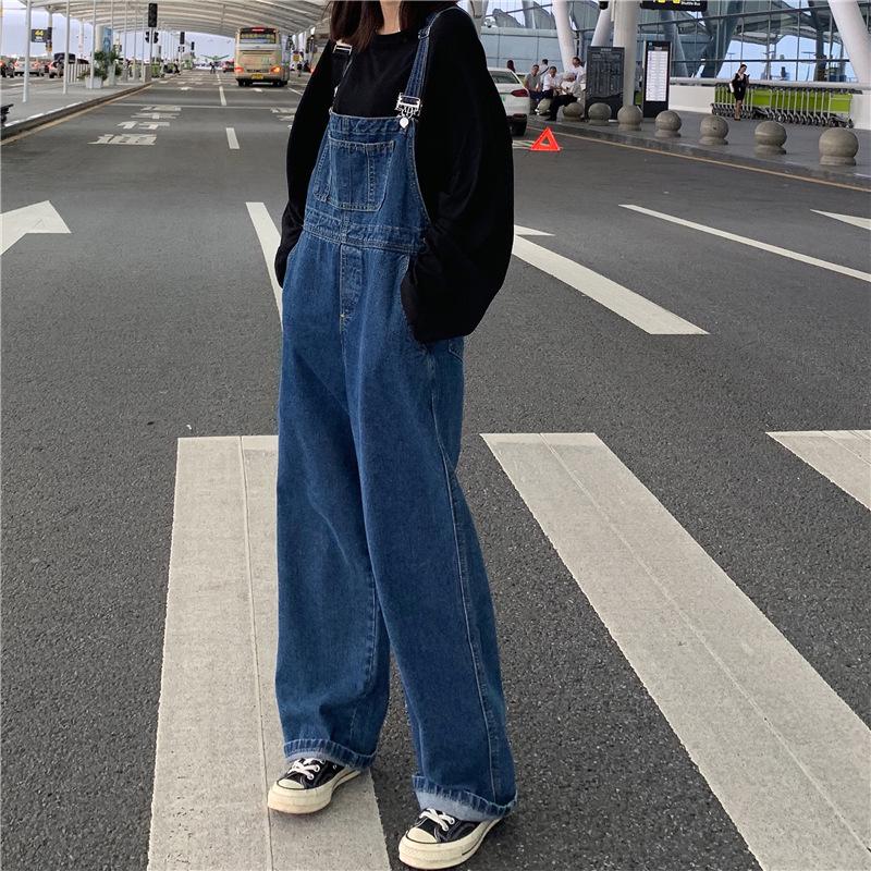 Age-reducing High Waist Wide Leg Denim Suspender Pants Women's Spring and Autumn New Korean Style Loose All-match Large Pocket Jumpsuit Trousers