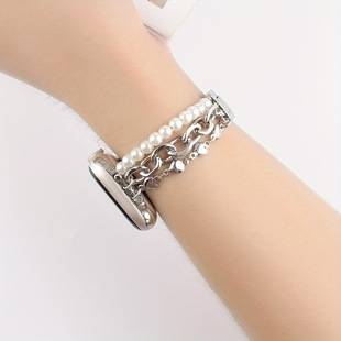 Pearl String Bracelet with Cuban Chain Watch Strap Suitable for Apple Watch 38-49mm Dial Size Pearl Bracelet