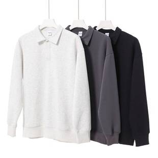 Trendy brand heavyweight 350g pure cotton polo collar sweatshirt for men, autumn and winter basic solid color simple loose fit preppy style sweatshirt