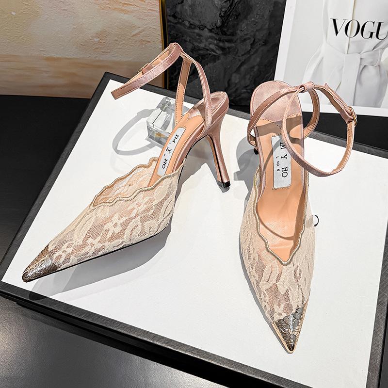 Stiletto High-Heeled Sandals from the Source Factory, Pointed Toe Lace Mesh, 2026 New French Style, One-Piece Drop Shipping