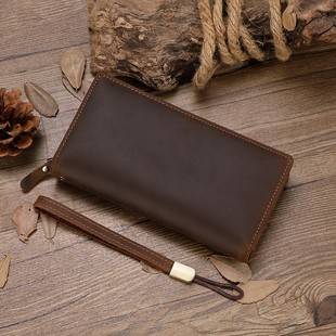 Crazy Horse Leather Long Wallet Men's Genuine Leather Men's Clutch Cowhide Zipper Bag Large Capacity Multi-Card Slot Wallet
