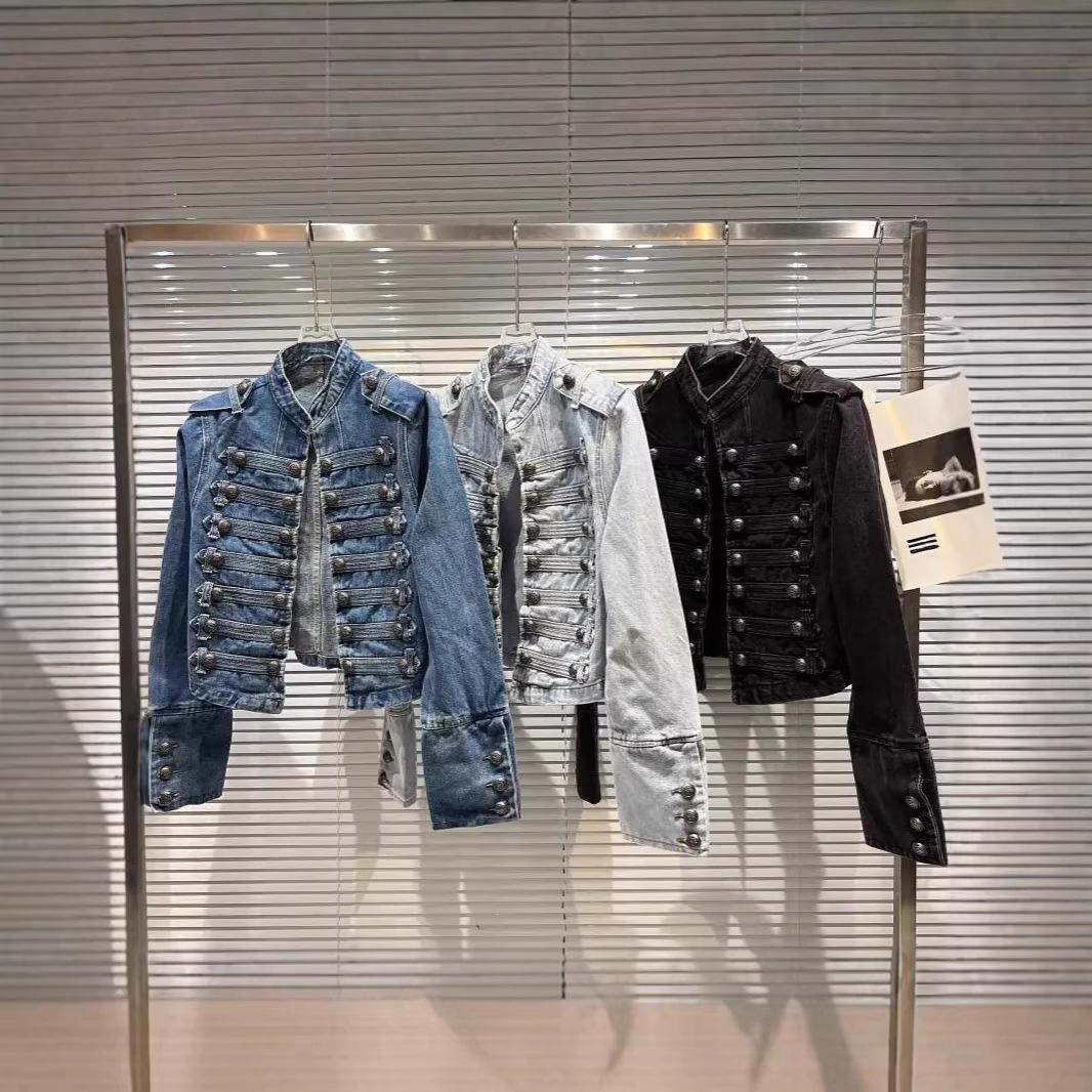 Cross-Border Heavy-Duty Motorcycle Short Jacket for Women, Trendy New Style for Spring, Autumn, and Winter, Slim-Fit Stand Collar Long-Sleeve Denim Jacket Top