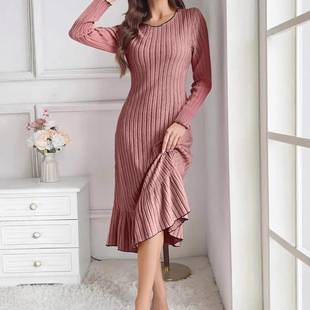 Amazon European and American Style Autumn and Winter New Long-Sleeve Solid Color Dress with Ruffled Edges Fashion Women's Clothing