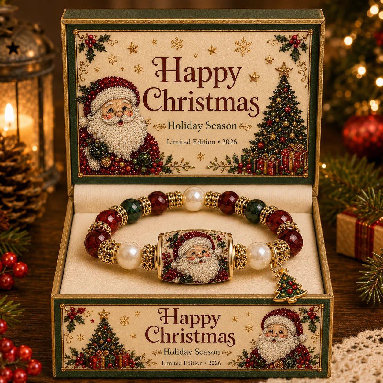Santa Claus Bracelet with Crystal Pearls, Santa Claus Round Tube Pine Tree Pendant Bracelet, Christmas Pine Tree Bracelet