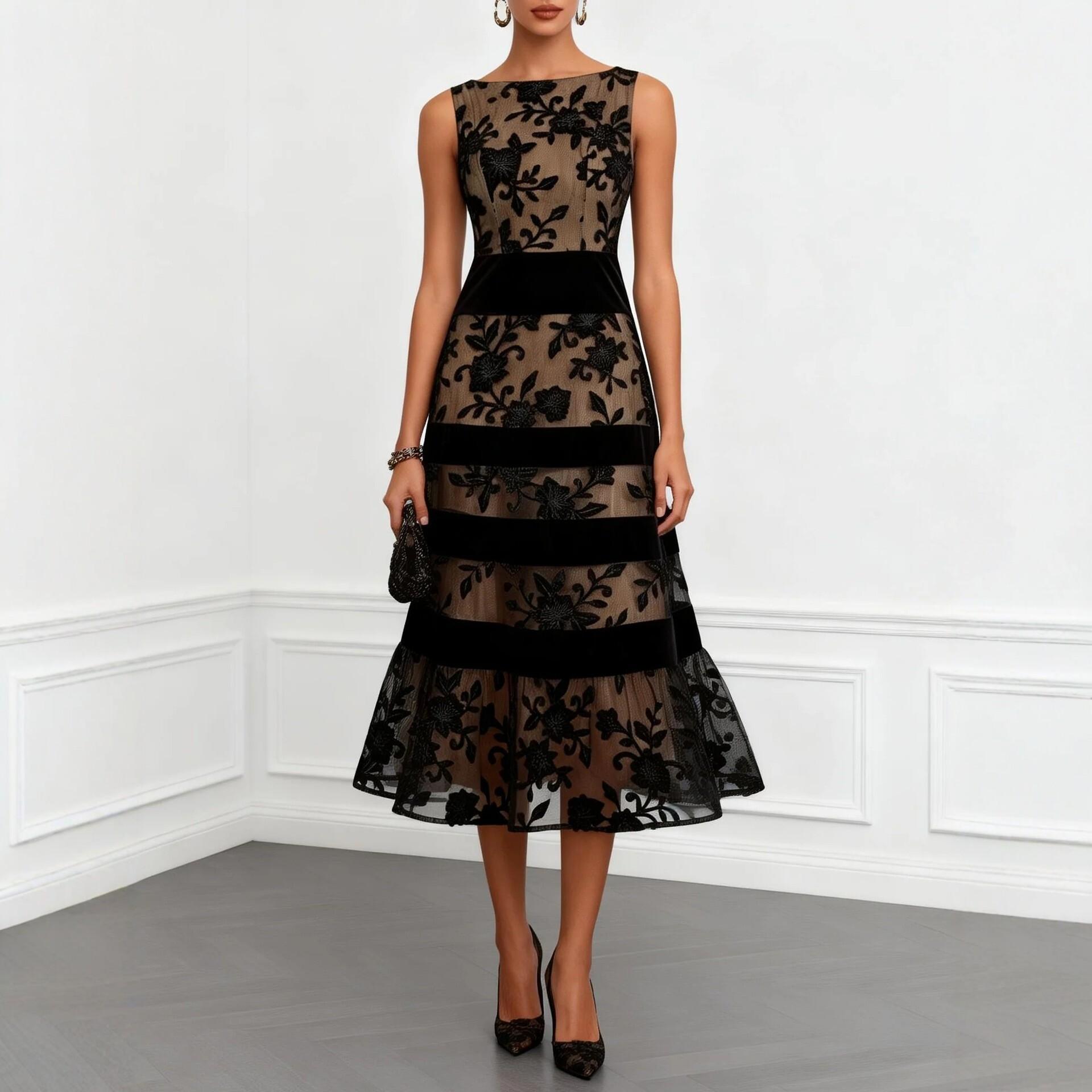 2026 European and American style independent website Amazon black mesh flocking jacquard patchwork slim-fit dress gown