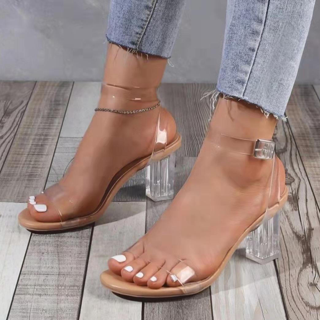 One-Line High-Heeled Sandals for Women 2024 Summer New Style Thick Heel Pvc European and American Large Size Lady Heels41-42