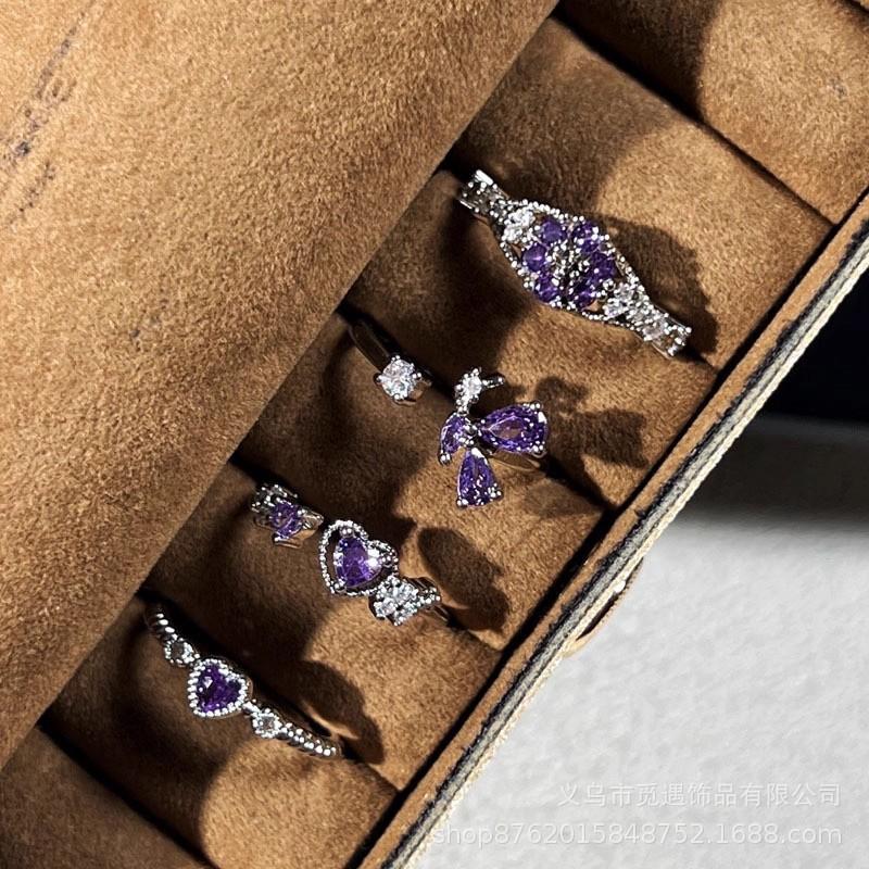 Purple Rhyme Flowing Light, Beautiful and Unique Purple Diamond Fashion Heart Open Ring for Women, Accessible Luxury Ins Style, High-End Elegant Finger