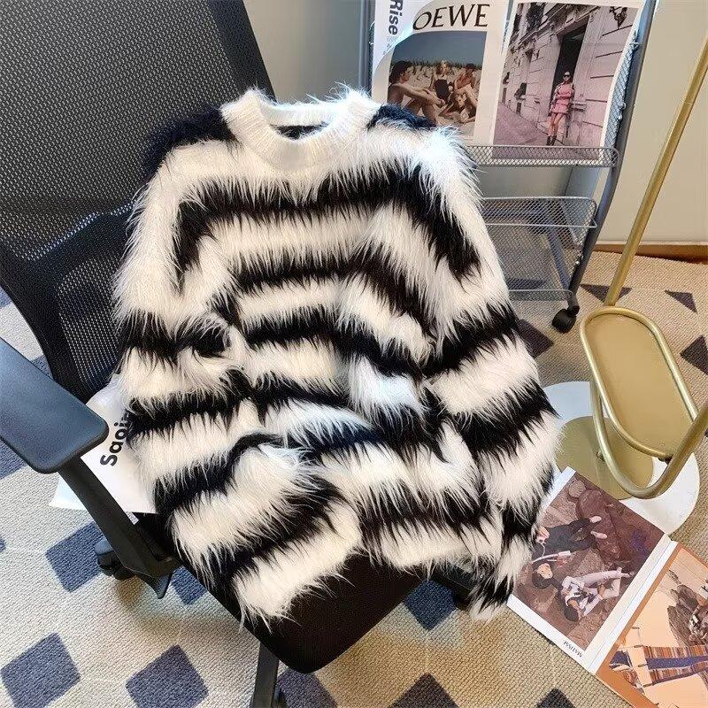 Autumn and Winter New Black and White Striped Imitation Mink Velvet Sweater Men's Korean Style Casual Loose Plush Outerwear Sweater Jacket Trendy