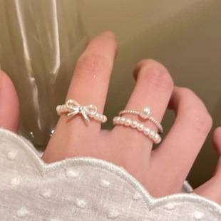 Bow Pearl Beaded Ring Women's Ins Niche Design Decorative Index Finger Ring Accessible Luxury High-End Stacking Ring